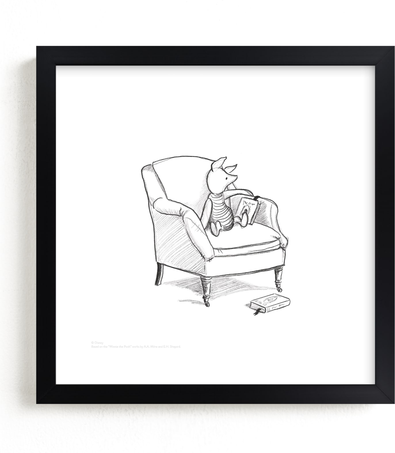 This is a black and white, white disney art by Stefanie Lane called Piglet Lounging from Disney's Winnie The Pooh.