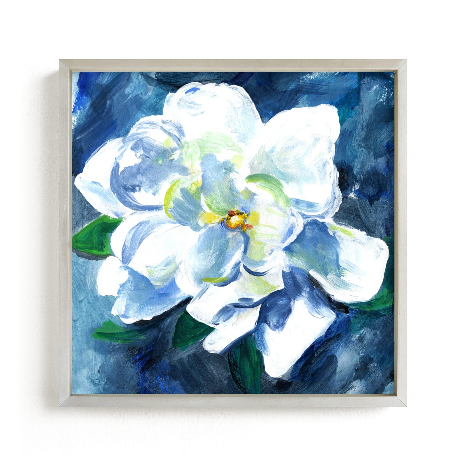 "Gardenia in Blue" by Jenny Partrite in beautiful frame options and a variety of sizes.