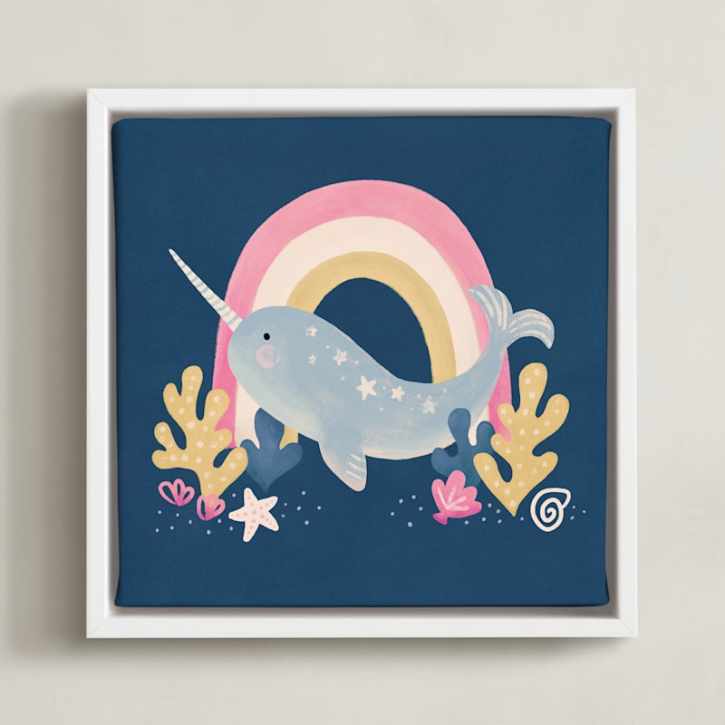 "Narwhal Magic" - Art Print in Deep Sea Blue by Sabrina Excene - Framed Canvas