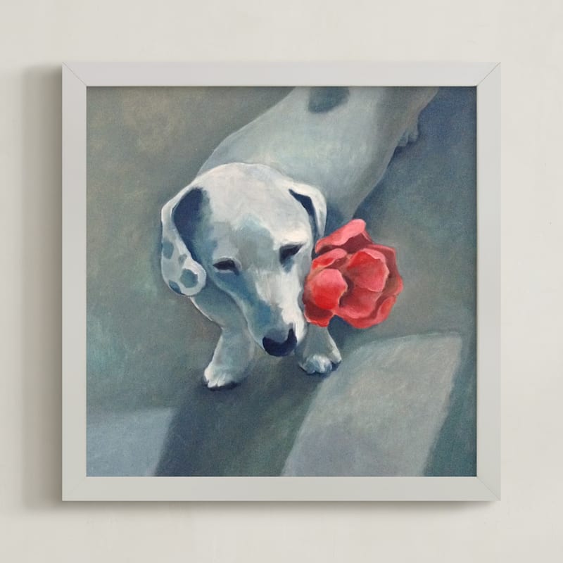 "Waiting with Flower" - Art Print in Blue Grey by Sarah Holden - Framed