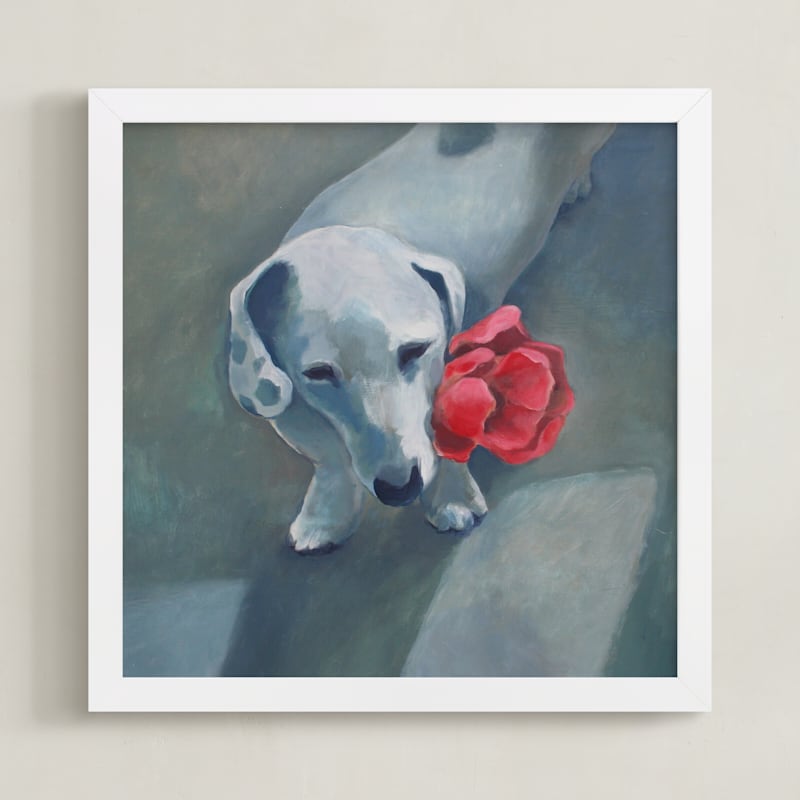 "Waiting With a Flower" - Art Print in light blue by Sarah Holden - Framed
