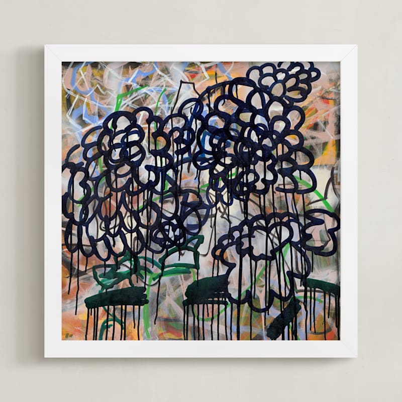 "Blue Dripping Hydrangea" - Art Print in Blue and Neutrals by Angela Simeone - Framed