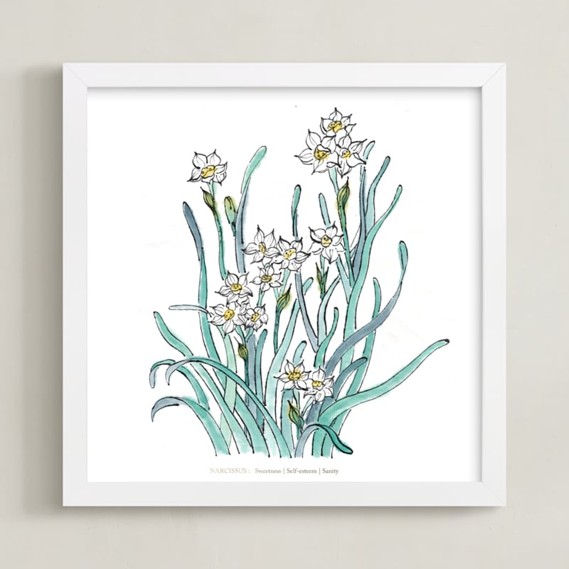 "Birth Flower - December -  Narcissus" - Art Print in with text by Qing Ji - Framed