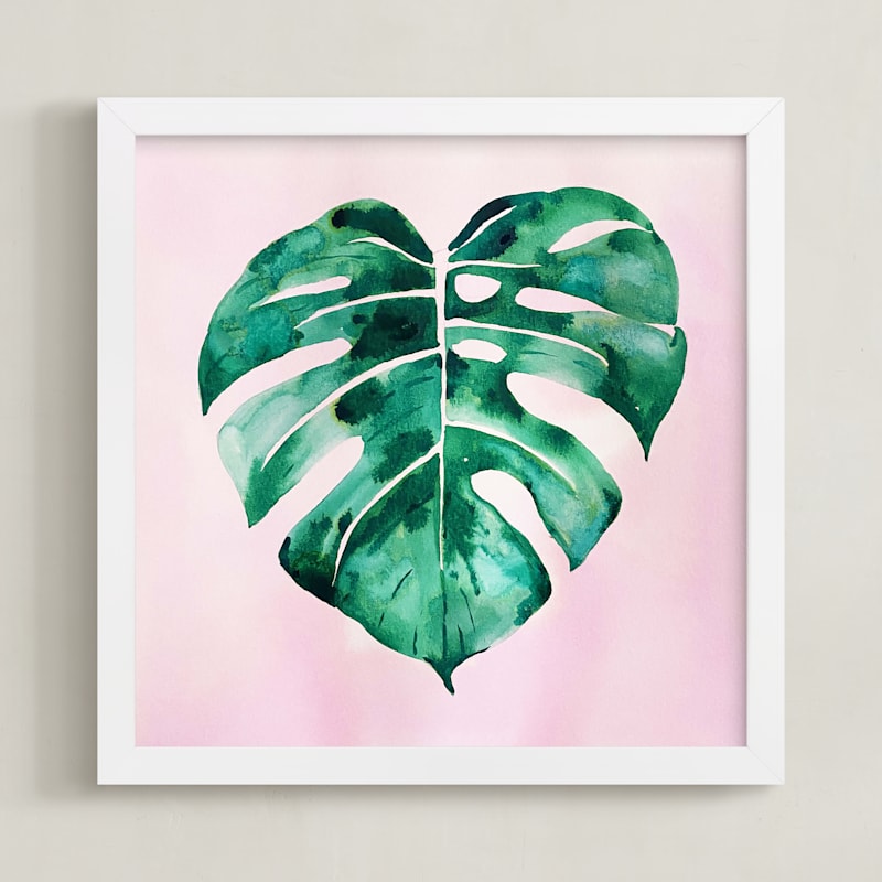 "palm leaf in pink" by Tae Lee in beautiful frame options and a variety of sizes.