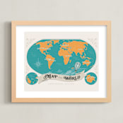 "Map Of The World" - Art Print in Aqua by GeekInk Design - Framed