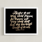 "Matthew 6:34 NIV" - Art Print in gold by Ramoncita - aticnomar - Framed