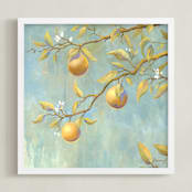 "OrangeBlossoms" - Art Print in Blue by Laura Browning - Framed
