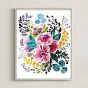 "Watercolor Botanicals2" - Art Print in pink peony by Stick and Petal - Framed