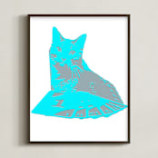 "Cat Playing Poker" - Art Print in Bright Blue by Hannah Graham - Framed