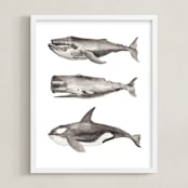 "Three Stacked Whales" - Art Print in Grey by Two if by Sea Studios - Framed