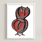 "Sleepy Owl" - Art Print in Rocking red by Gill Eggleston - Framed