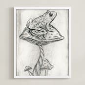 "Toad on Mushroom Monoprint" - Art Print in Charcoal by Marta Berk - Framed