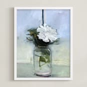 "Blue Stripe, White Flower" - Art Print in Steel Blue by Hadas Tal - Framed