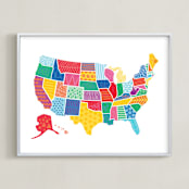 "Super States of America Map" - Art Print in Rainbow by Jessie Steury - Framed