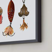 "Fishing Lures No. 1" - Art Print in Dark Gold by Tanya Lee of Frooted Design - Frame Close-up