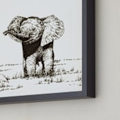 "Elephant and bird" - Art Print in Black and White by XL - Frame Close-up