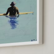 "Topanga Hat Wearing Surfer" - Art Print in cerulean by Annie Seaton - Frame Close-up