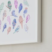 "Budgie Flock" - Art Print in Sherbet by Tishya Oedit - Frame Close-up