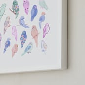"Budgie Flock" - Art Print in Sherbet by Tishya Oedit - Frame Close-up