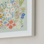 "Bunnies in the Garden" - Art Print in Seafoam Blue by Anne Lehman Stolpe - Frame Close-up