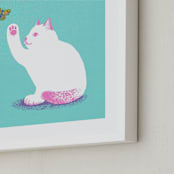 "Kitten and Butterfly" - Art Print in Aqua by Kristiina Almy - Frame Close-up
