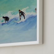 "Surf boys at Sunset" - Art Print in Aqua by Annie Seaton - Frame Close-up