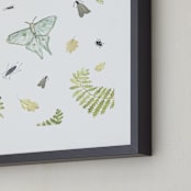 "Woodland Moths and Insects" - Art Print in tranquil blue by Hallie Fischer - Frame Close-up