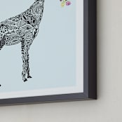 "Designer Giraffe with flowers" - Art Print in Sky by Kanika Mathur - Frame Close-up
