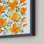 "Watercolor California poppies bouquet" - Art Print in Orange and green by Rosana Laiz Blursbyai - Frame Close-up