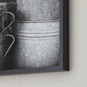 "Old Stacked Metal Bins" - Art Print in grey tones by Alexis Arnold - Frame Close-up