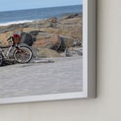 "Bike On The Beach" - Art Print in Sky Blue by Jonathan Brooks - Frame Close-up