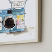 "Wanderlust Camera" - Art Print in Turquoise by Kelsey McNatt - Frame Close-up