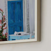 "Santorini Cafe" - Art Print in Blue & White by Katrina Leandro - Frame Close-up