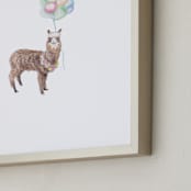 "Watercolor Llama With Balloons & Flowers" - Art Print in Balloon Pink by Lauren Rogoff - Frame Close-up