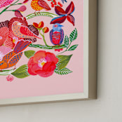 "Tropical Birds and Flowers" - Art Print in Soft Pink by Stick and Petal - Frame Close-up