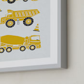 "Construction Trucks" - Art Print in orange yellow by Leanne Friedberg - Frame Close-up
