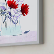 "Red Flowers in Grey Vase" - Art Print in Ruby Red by Michele Norris - Frame Close-up