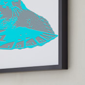 "Cat Playing Poker" - Art Print in Bright Blue by Hannah Graham - Frame Close-up
