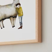 "LLama and Boy" - Art Print in Cozy Yellow by Sarah Fitzgerald - Frame Close-up