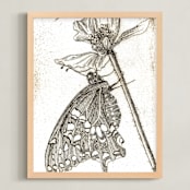 "Papillon et Papaver" - Art Print in Sepia by Stephanie Toral - Framed