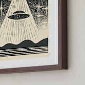 "UFO Encounters: Nostalgic Retro Woodcut" - Art Print in Galactic Gray by Roseanne Kenny - Frame Close-up