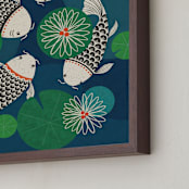 "Koi Fish & Lily Pads" - Art Print in Blue Pond by Carey Copeland - Frame Close-up