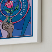"Disney's Beauty And The Beast Stained Glass" - Personalized Art Print in Blue by Katharine Watson - Frame Close-up