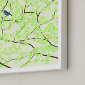 "Plum tree with Birds in Spring" - Art Print in Green Blossoms by Jorey Hurley - Frame Close-up