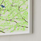 "Plum tree with Birds in Spring" - Art Print in Green Blossoms by Jorey Hurley - Frame Close-up