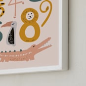 "Safari Friends Numerals" - Personalized Art Print in Flamingo by Jenna Holcomb - Frame Close-up