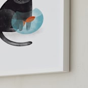 "Black Cat and goldfish" - Art Print in Black by Farinaz Vaseghi - Frame Close-up