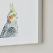 "Cockatiel" - Art Print in Grey with a splash of yellow by Kirsta Benedetti - Frame Close-up