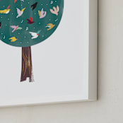 "Lots of Songbirds" - Art Print in antique pine by Eve Schultz - Frame Close-up