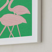 "Flamingo Amigos" - Art Print in grass green by Elliot Stokes - Frame Close-up